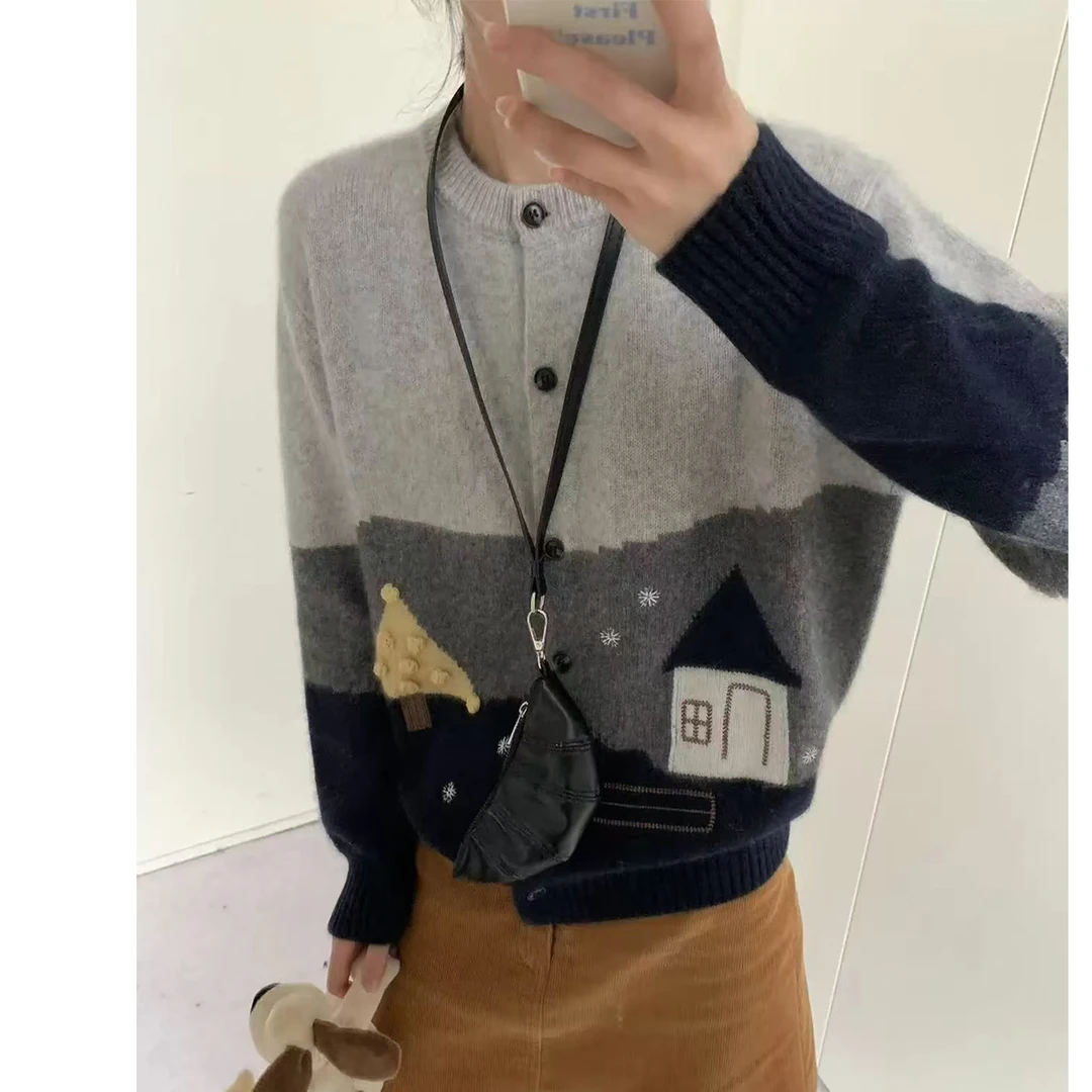 【小房子】秋冬时尚休闲宽松圆领卡通提花长袖针织开衫毛衣外套-766