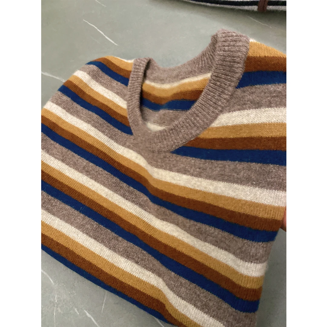 【美拉德彩条】早秋时尚休闲宽松条纹短袖针织衫秋冬温柔毛衣-9445