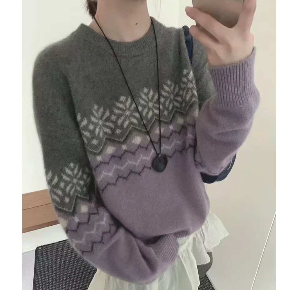 秋冬时尚休闲宽松圆领套头长袖针织衫费尔岛毛衣-9576