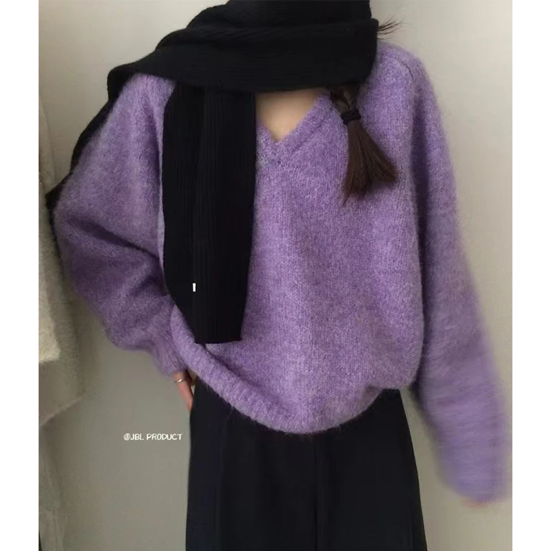 秋冬时尚休闲宽松V领套头纯色长袖针织衫女士打底毛衣-756