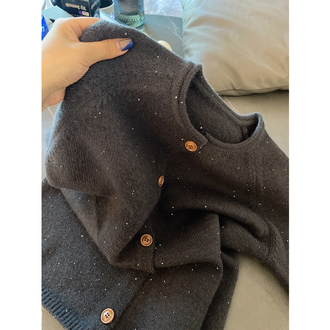 【夜灰】早秋时尚宽松圆领纯色长袖针织开衫秋冬女士毛衣外套-9408