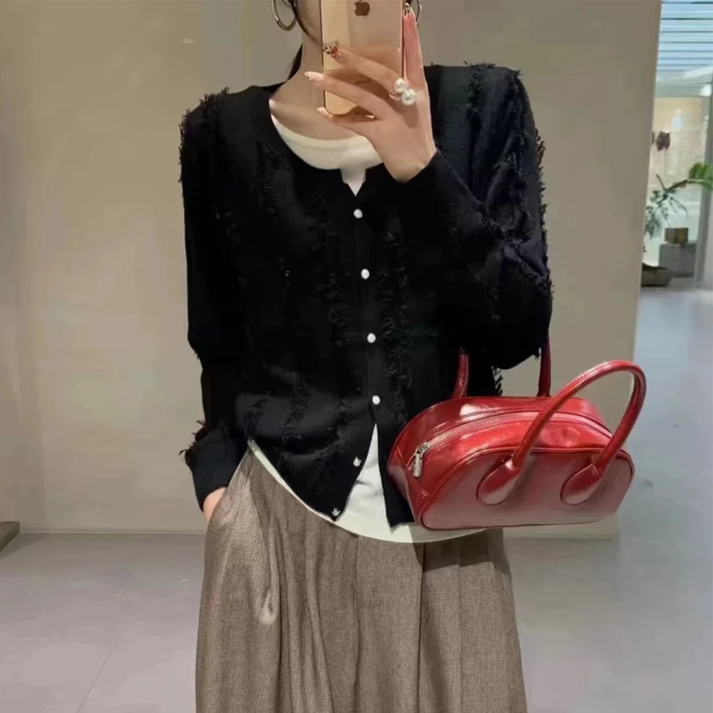 秋季时尚休闲宽松显瘦圆领纯色长袖针织开衫秋冬女士毛衣外套636