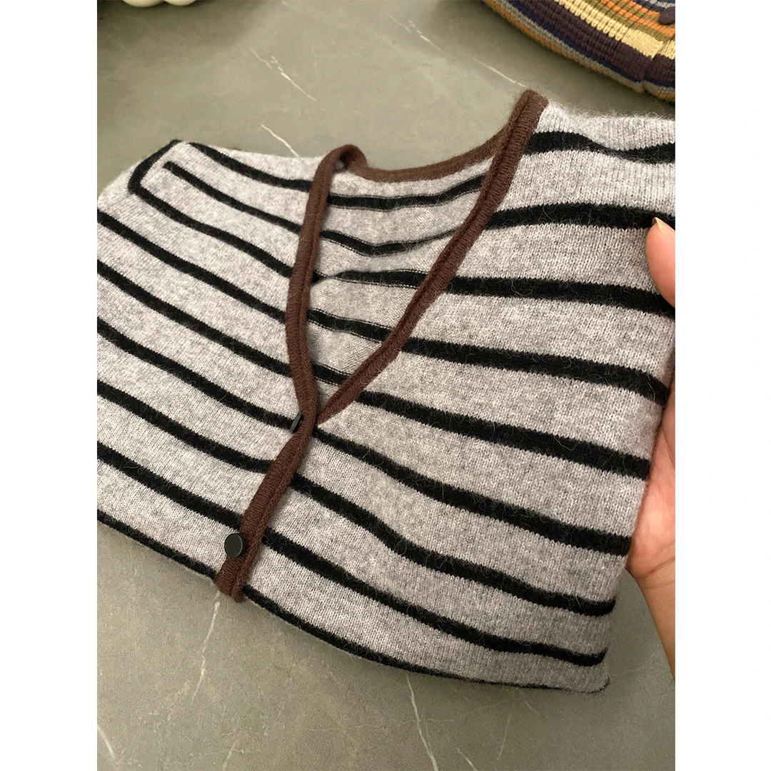 【烟灰条纹】早秋时尚休闲宽松条纹长袖针织开衫秋冬毛衣外套-9446