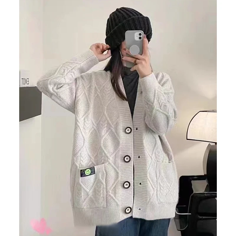 秋冬新款外套女针织开衫女士毛衣宽松保暖外穿女装-8122