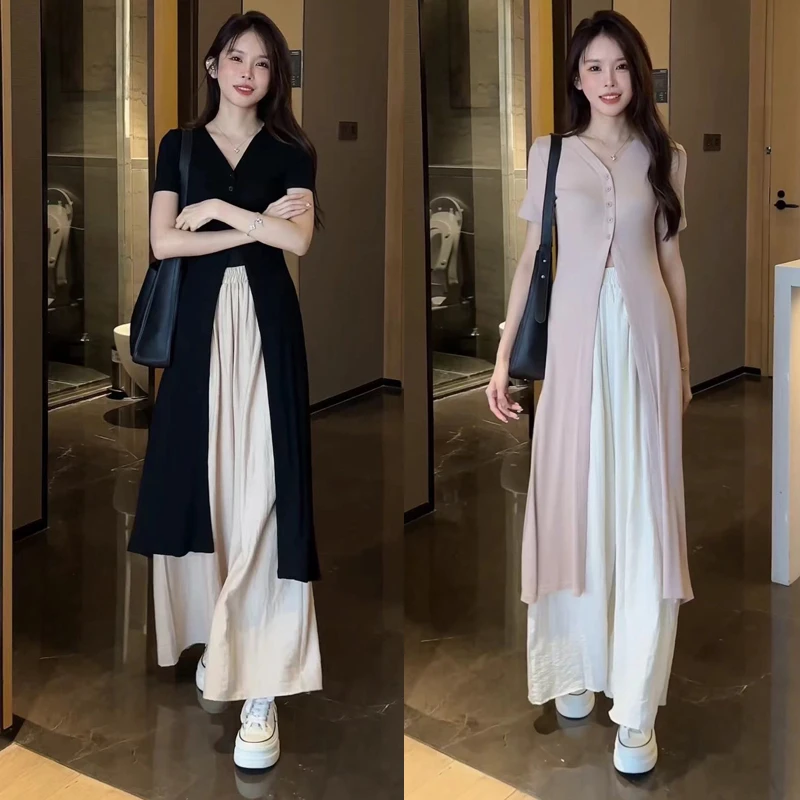高级感赫本风气质黑色修身V领开衫中长款外套女慵懒风阔腿长裤