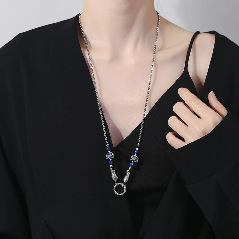 吊坠925银 景泰蓝莲花小鱼项链女时尚复古民族风长款百搭毛衣套链