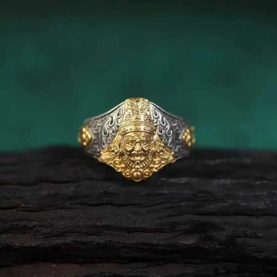 925银戒指 手工民族风扎基拉姆鎏金财神戒指男女同款做旧开口指环