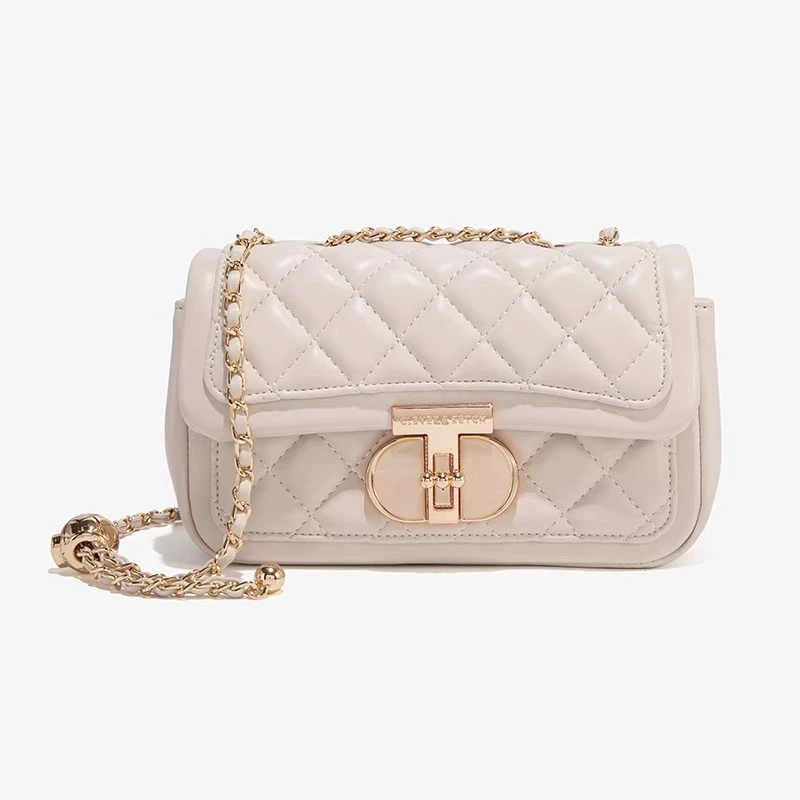 A小香风时尚百搭链条包单肩小方包菱格白色H095