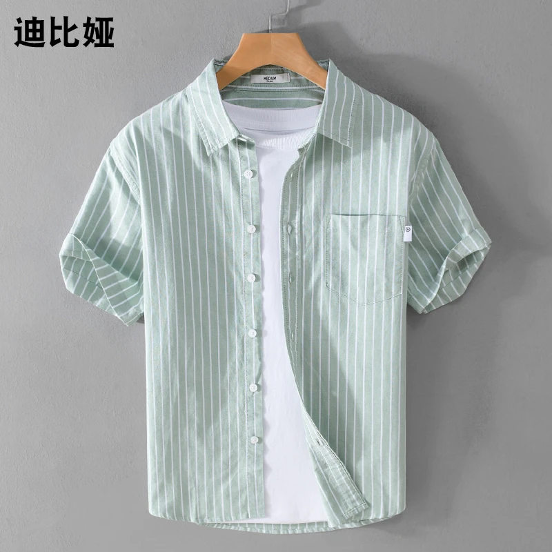 迪比娅夏季休闲纯棉竖条纹短袖衬衫男日系复古衬衣百搭半袖寸衫Y