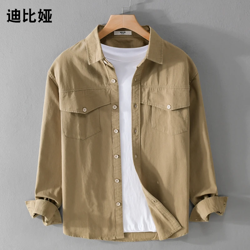 迪比娅美式复古工装长袖衬衫外套男秋季宽松潮牌休闲纯棉衬衣Y