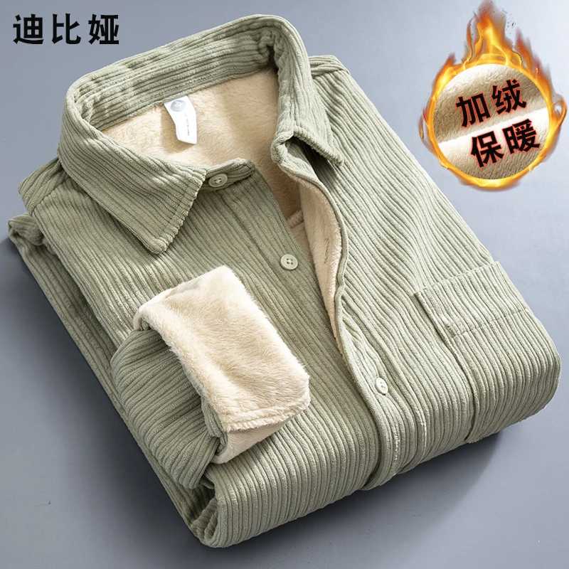 迪比娅冬季青年宽松保暖衬衫男粗条绒加厚加绒灯芯绒衬衣式外套C