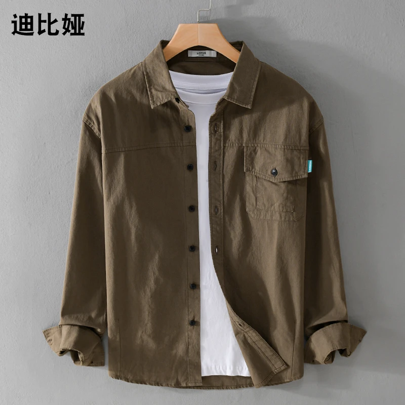 日系复古纯色工装衬衫男春秋宽松寸衫纯棉休闲衬衣外套Y