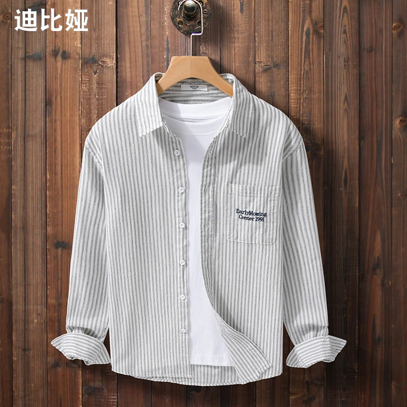 日系清新条纹刺绣衬衫男士长袖春季寸衫文艺纯棉衬衣外套Y