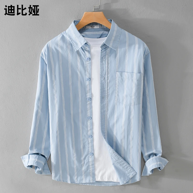 迪比娅轻熟风纯棉衬衫男长袖日系休闲设计感小众条纹百搭衬衣Y
