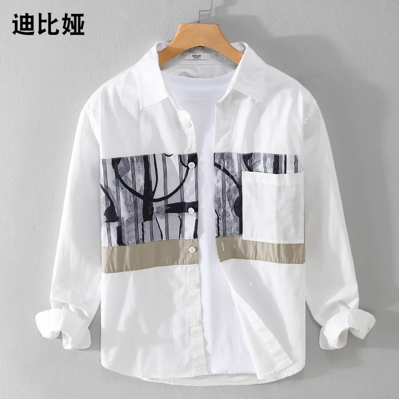 迪比娅衬衫男春秋拼接印花长袖帅气休闲百搭日系撞色衬衣外套潮Y