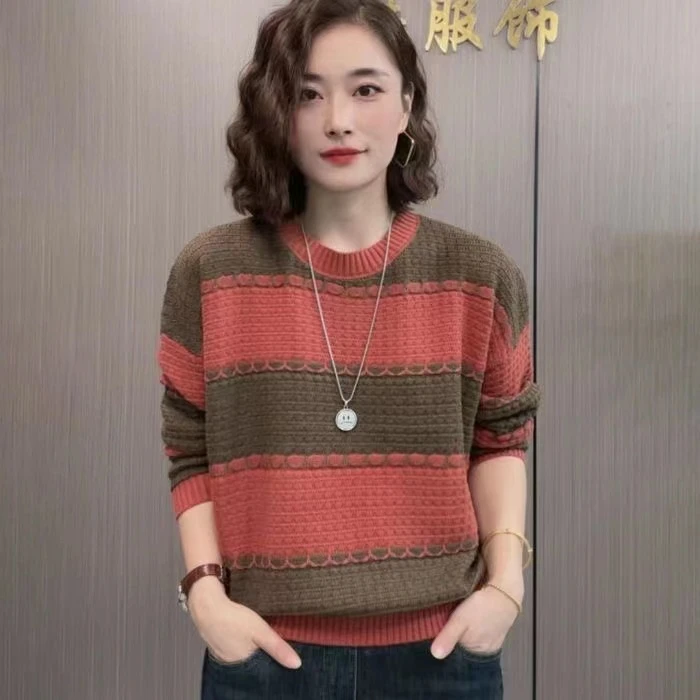 050秋冬季新款韩版条纹大码长袖洋气套头圆领打底衫毛衣