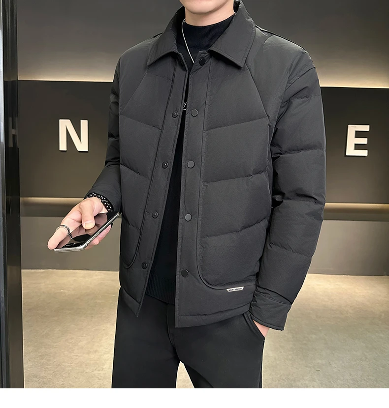 2024冬季新款羽绒服男士时尚修身翻领拼接保暖轻薄上衣
