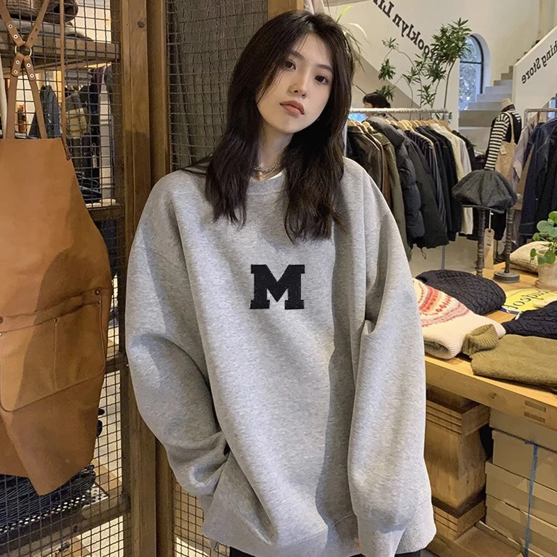 2025秋冬新款美式古着vintage花灰色圆领加绒卫衣女韩系休闲百搭