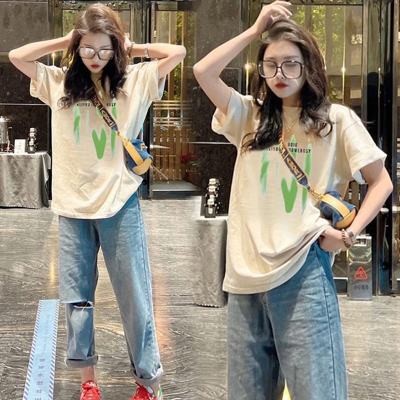 欧货上衣2025新款夏季短袖白色纯棉t恤女宽松大码洋气中长款体恤