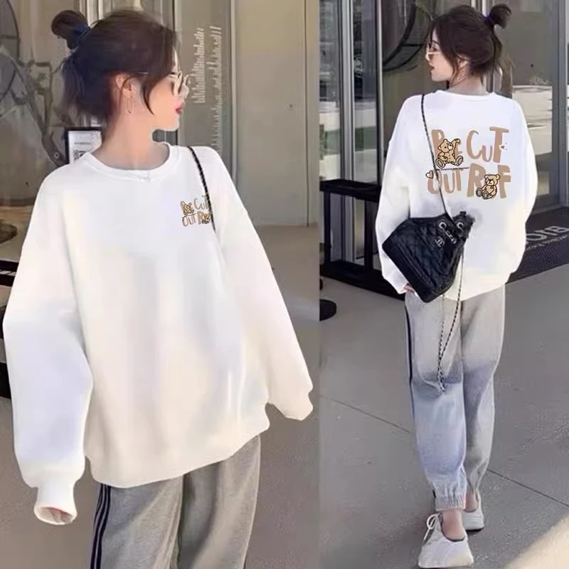 欧货白色印花薄款卫衣女2025春秋季新款圆领套头时尚宽松加绒上衣