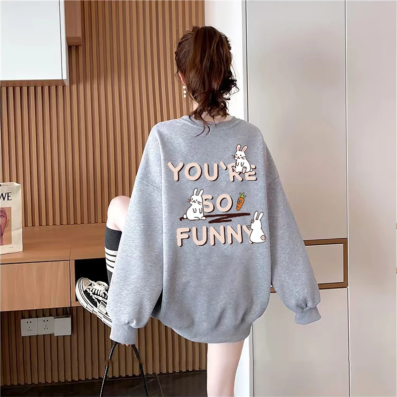 灰色无帽慵懒风卫衣女2025秋冬新款小个子圆领oversize加绒打底衫