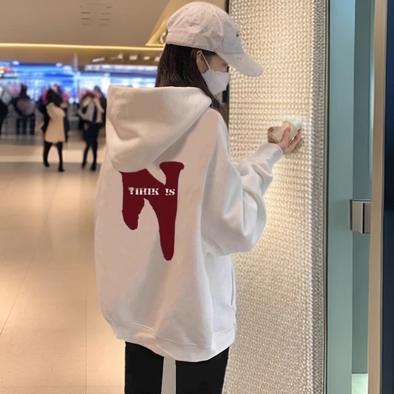 白色中长款卫衣女遮屁股2025新款爆款潮牌宽松冬季加绒加厚连帽