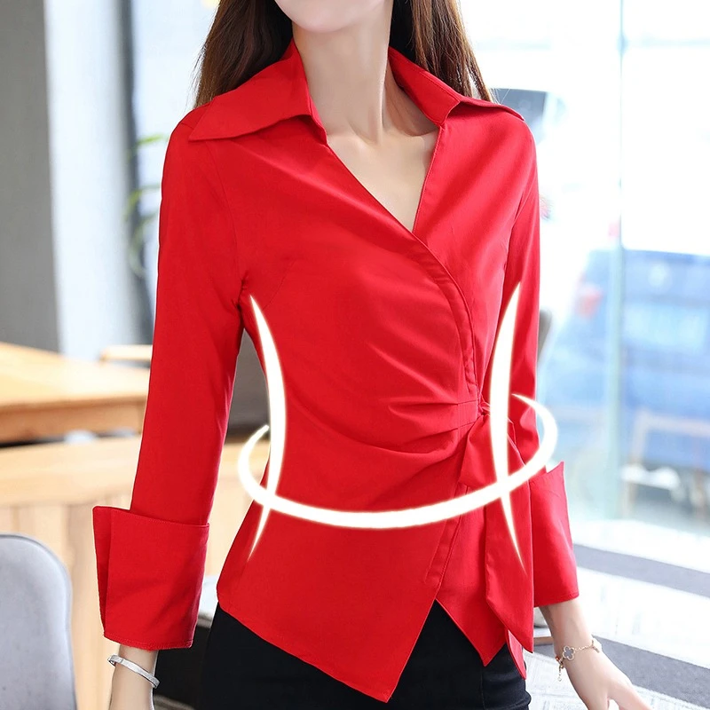 红衬衣2024春秋新款洋气小衫职业白衬衫女设计感小众长袖收腰上衣