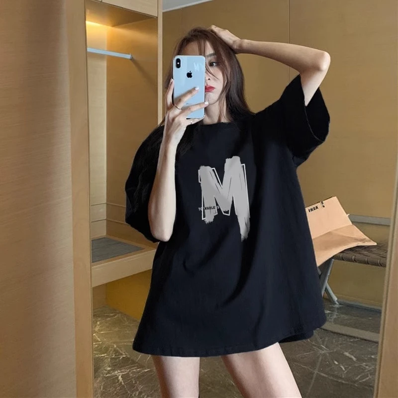黑色纯棉洋气半袖宽松oversize夏季短袖t恤女装新款大版上衣女款