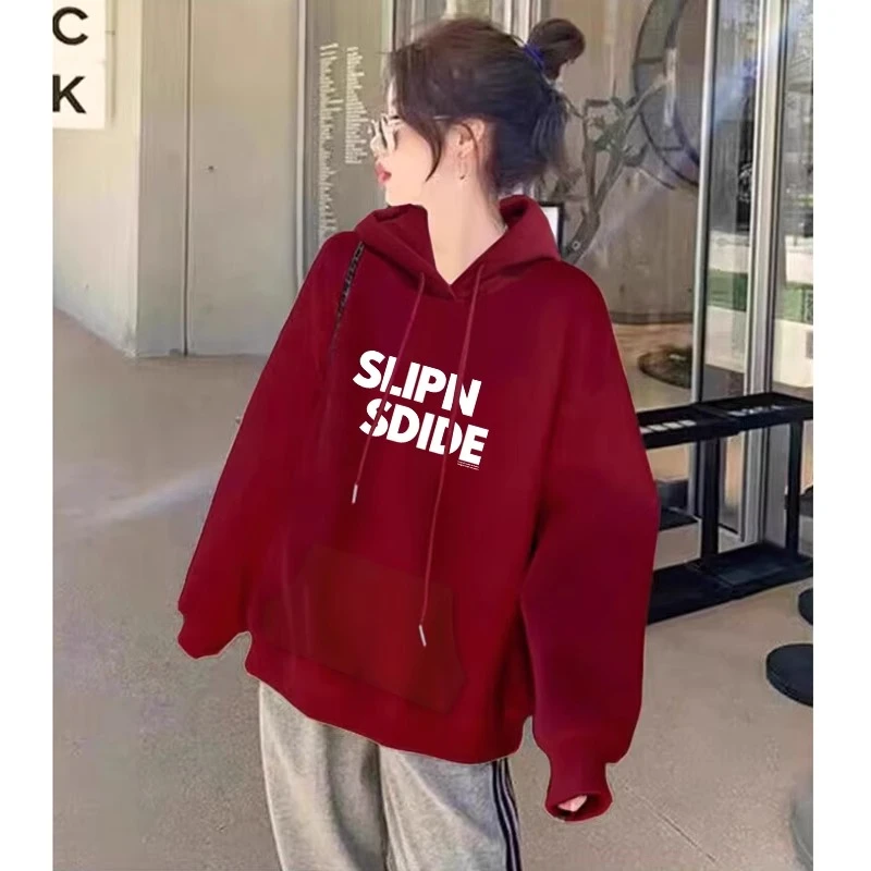 美式连帽卫衣女红色加绒宽松显瘦外套2025新款秋冬爆款oversize潮