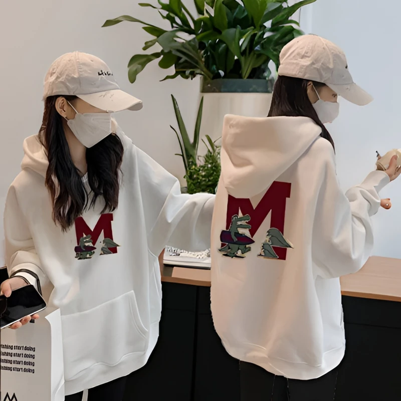 白色连帽中长款卫衣女遮屁股2025新款爆款宽松春秋冬加绒慵懒外套