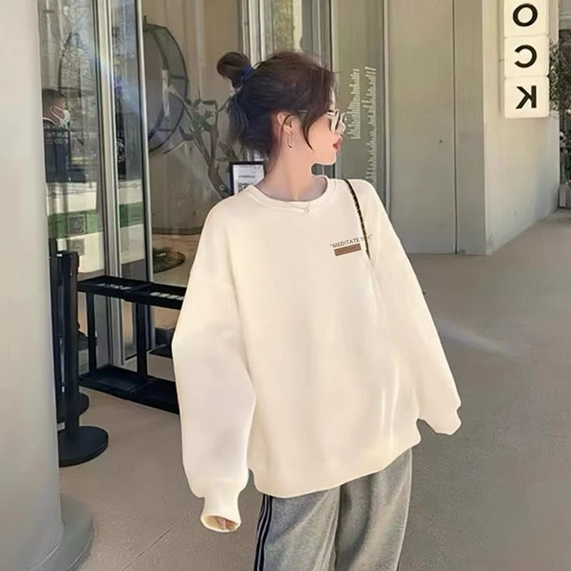 杏色加厚圆领卫衣女休闲2025年新款韩版宽松加绒无帽洋气上衣服