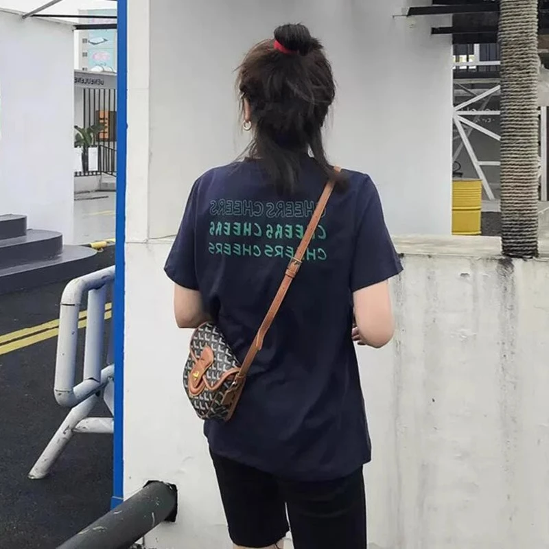 新款藏青色T恤女2025夏季宽松中长款字母印花短袖独特超好看上衣i