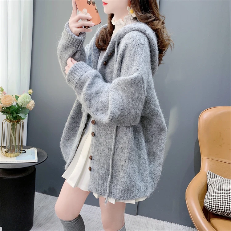 宽松慵懒风纯色连帽毛衣外套女秋冬2025新款网红百搭长袖针织开衫