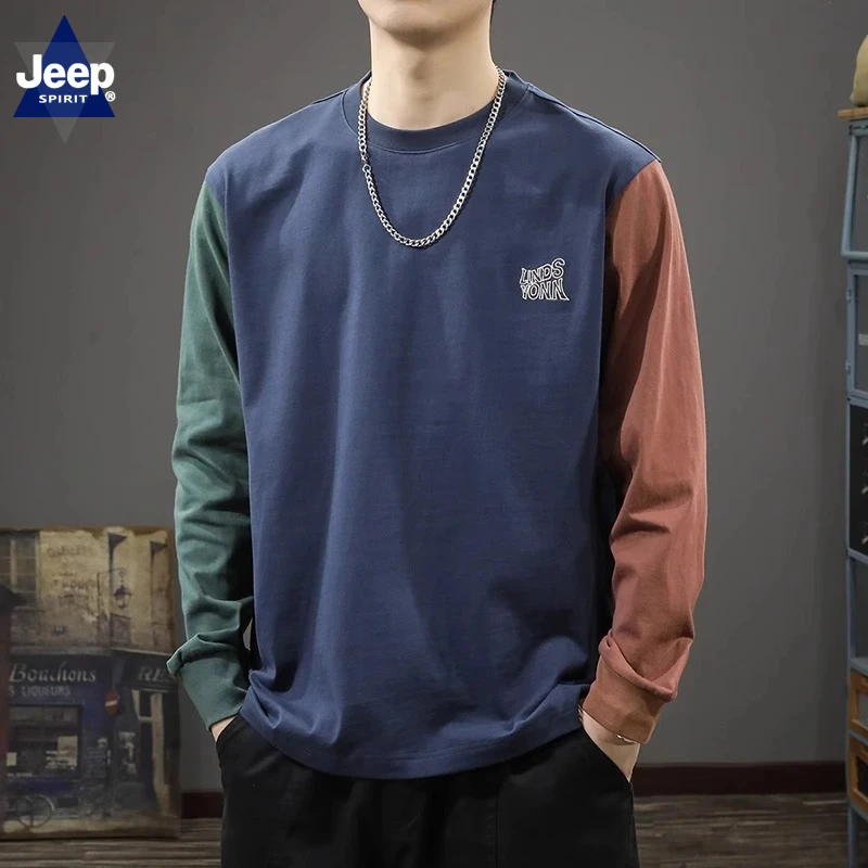 JEEPSPIRIT美式复古撞色拼接男长袖恤秋季新款圆领休闲薄款卫衣