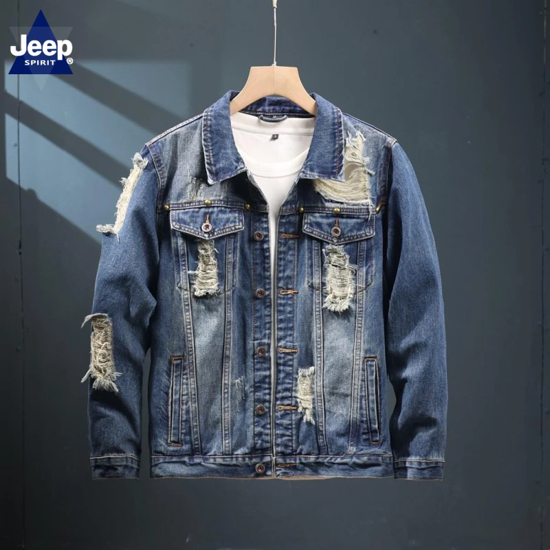 JEEPSPIRIT高奢欧货机车牛仔外套男复古潮牌重磅铆钉夹克美式高街