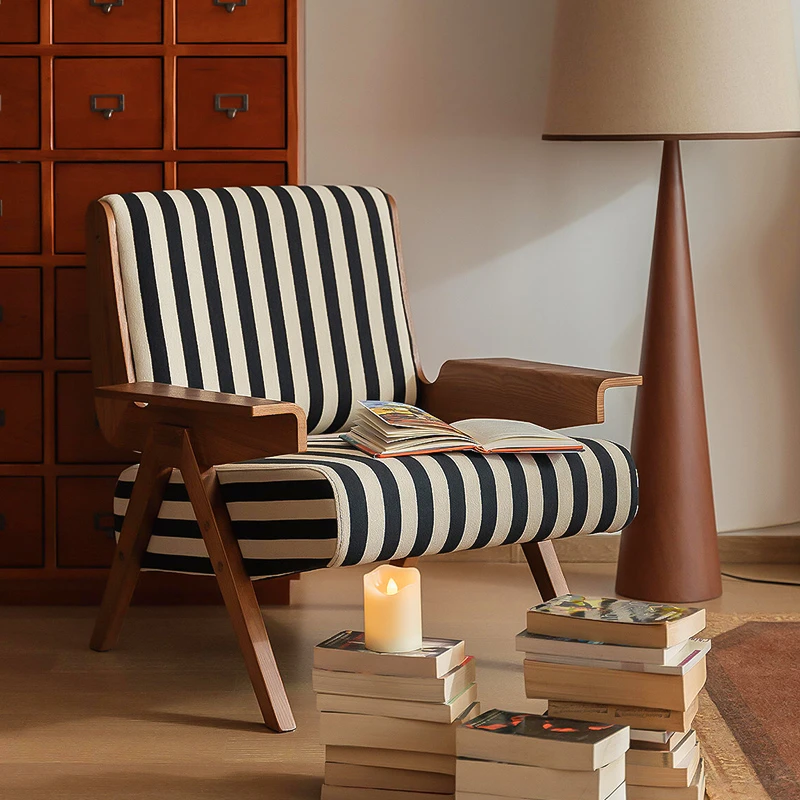单人沙发椅斑马椅复古客厅法式中古风设计师椅卧室休闲实木靠背椅
