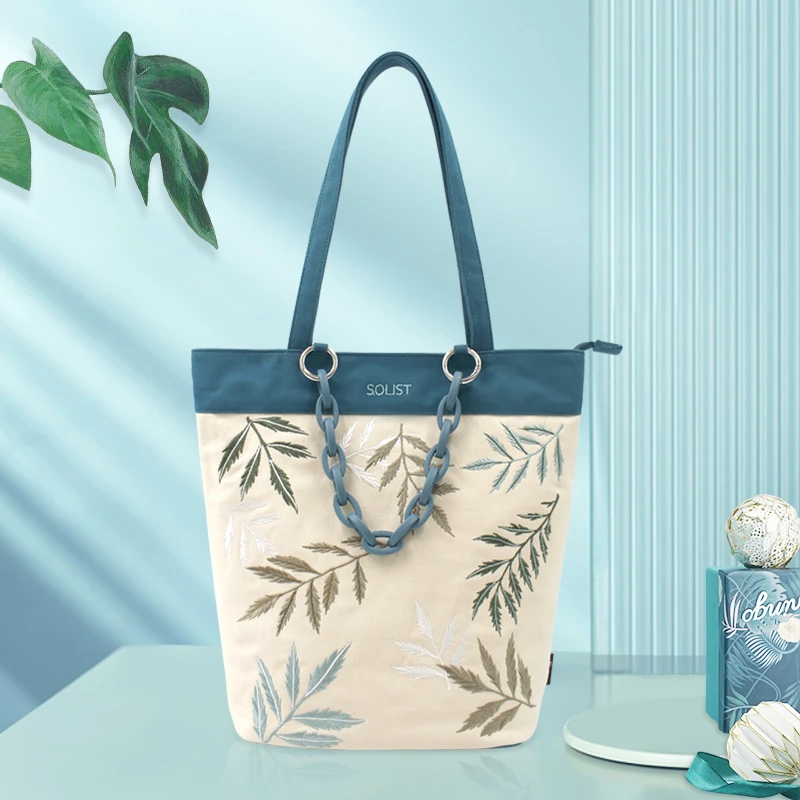 花间公主独奏者文艺链条帆布包托特刺绣单肩包休闲清新女包学院风