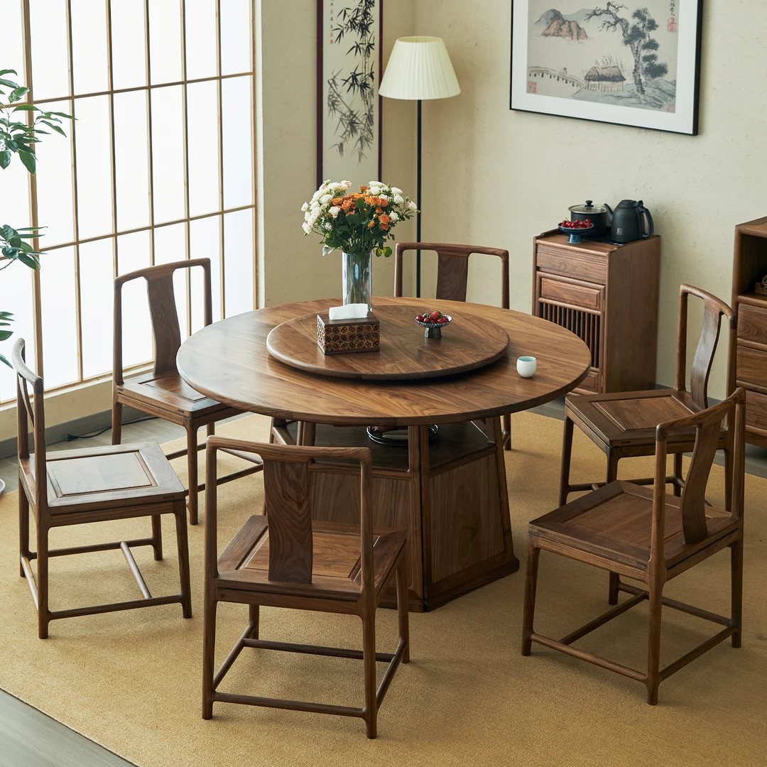 新中式黑胡桃木实木圆餐桌家用带转盘饭桌老榆木餐台桌椅组合别墅