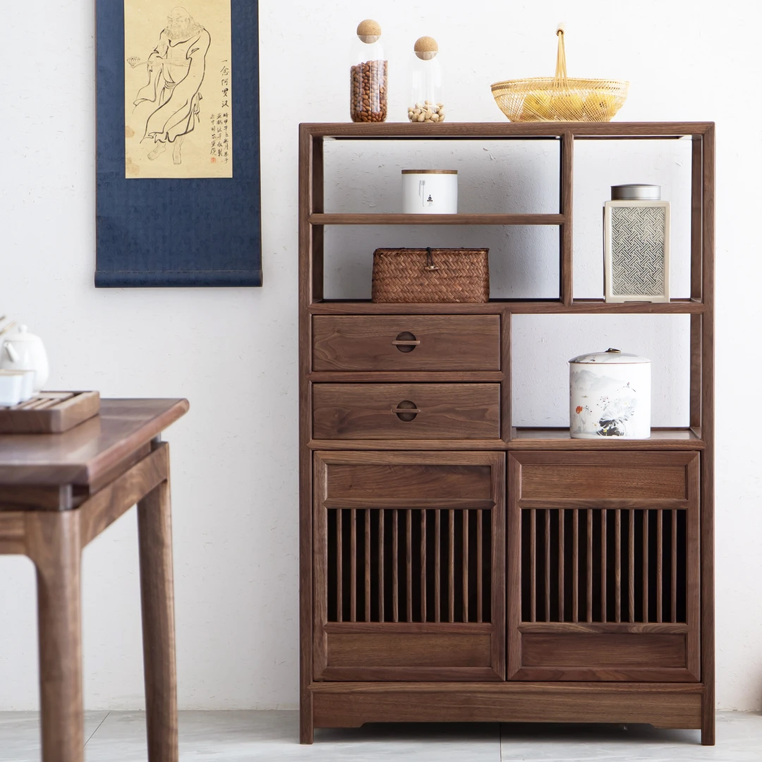 新中式黑胡桃木餐边柜茶叶柜实木收纳柜置物柜客厅茶室老榆木矮柜