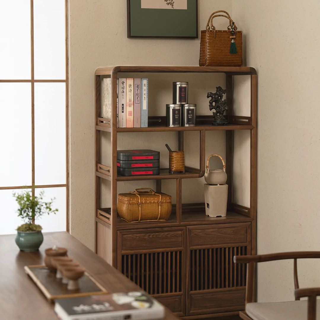 新中式黑胡桃木博古架茶室书房客厅餐边柜展示柜老榆木实木储物柜