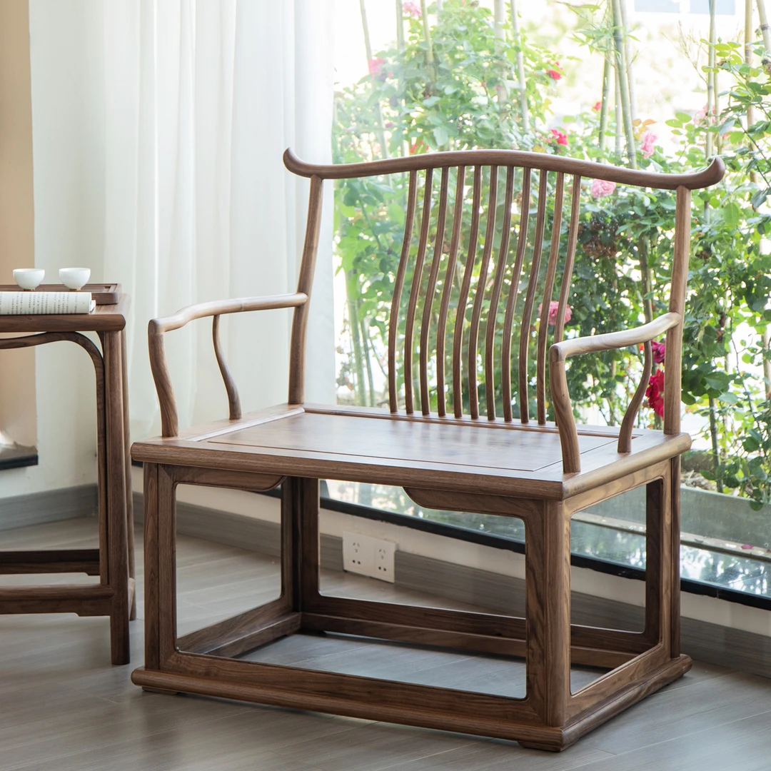 新中式黑胡桃木主椅翘头梳背椅太师椅主人官帽椅全实木老榆木椅子