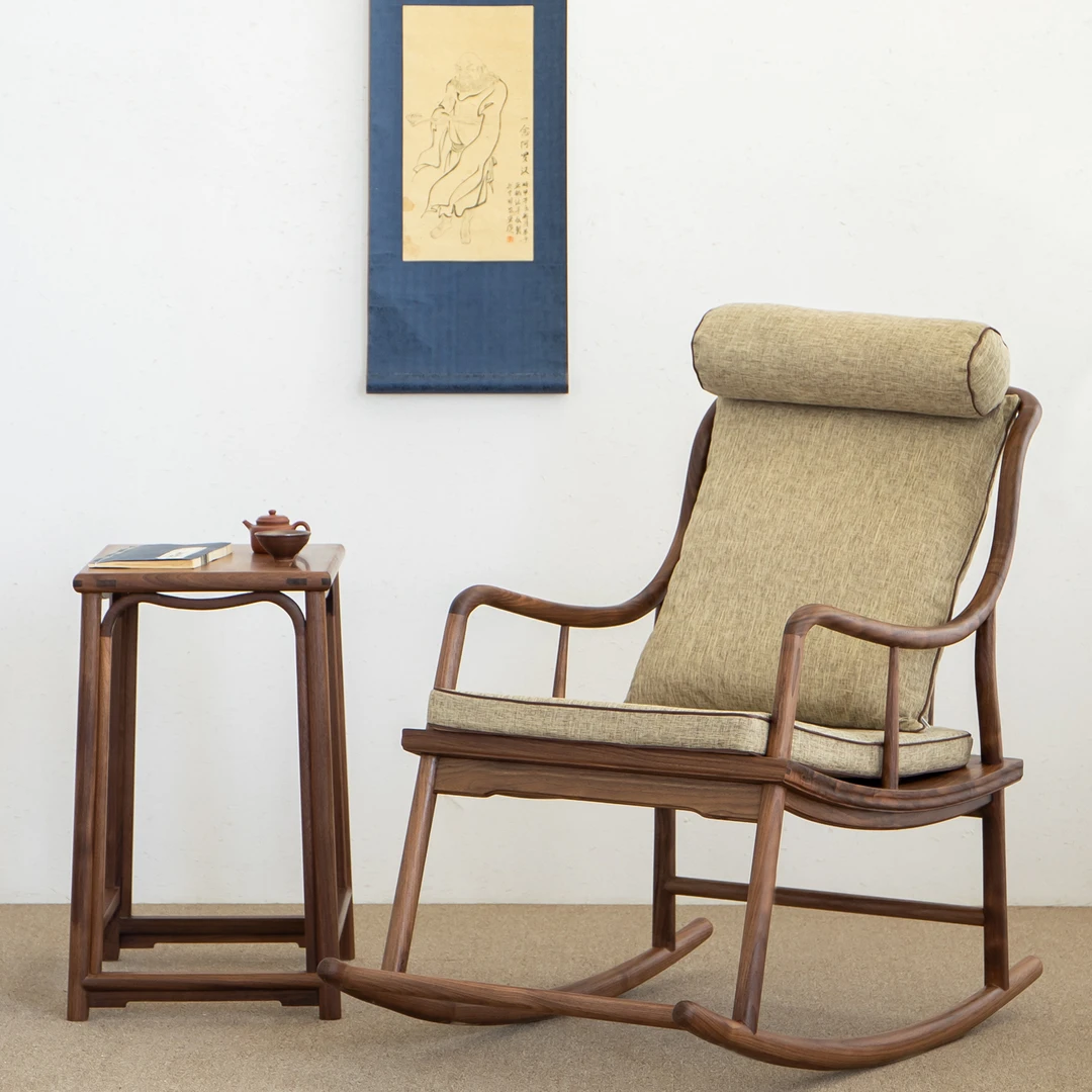 新中式黑胡桃木摇摇椅成人阳台午休懒人靠背沙发休闲躺老榆木椅子