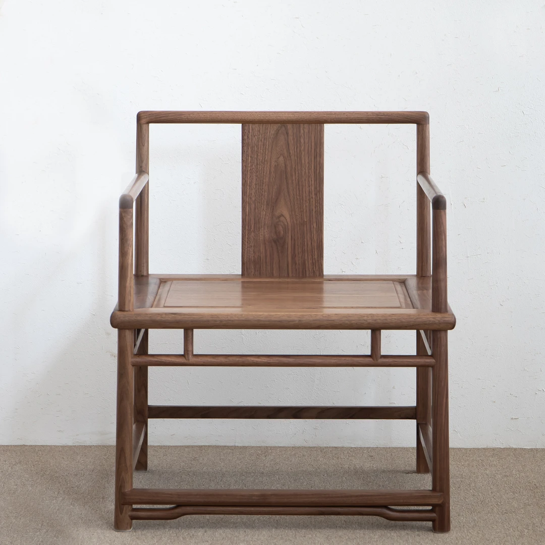 新中式黑胡桃木实木官帽椅明清仿古茶椅子老榆木免漆餐椅禅意圈椅