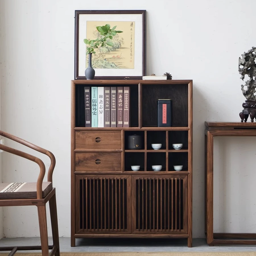 新中式实木收纳柜置物柜客厅玄关柜黑胡桃木茶室餐边柜家用储物柜
