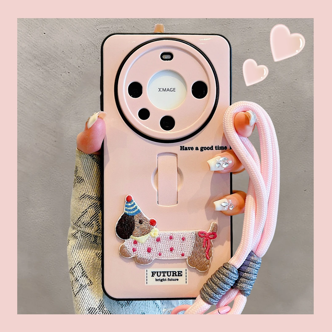 刺绣腊肠狗适用华为mate70pro+手机壳mate60pro隐形支架pura70pro