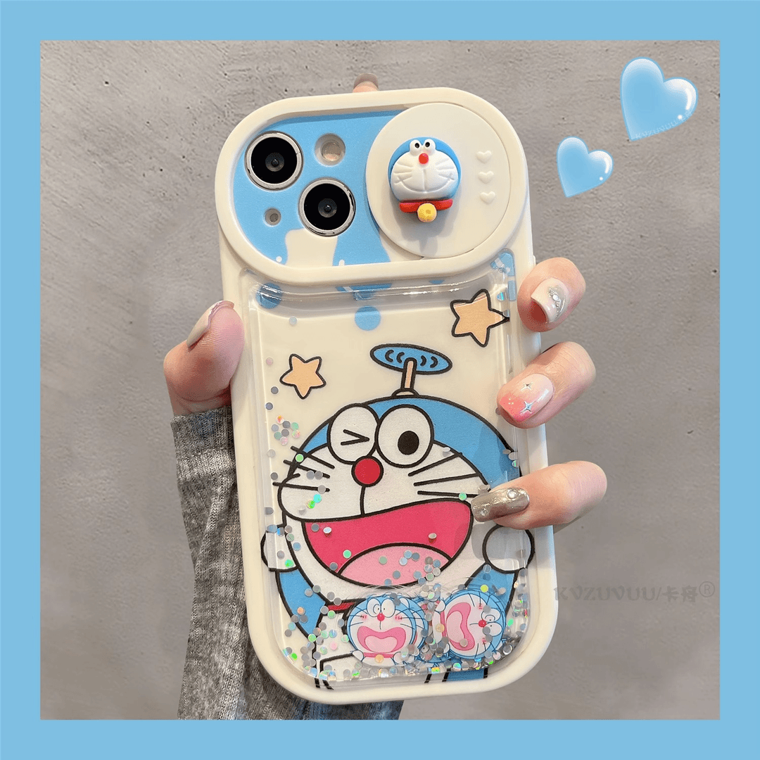 立体蓝胖子苹果14流沙手机壳iphone13promax推拉镜头12卡通11防摔