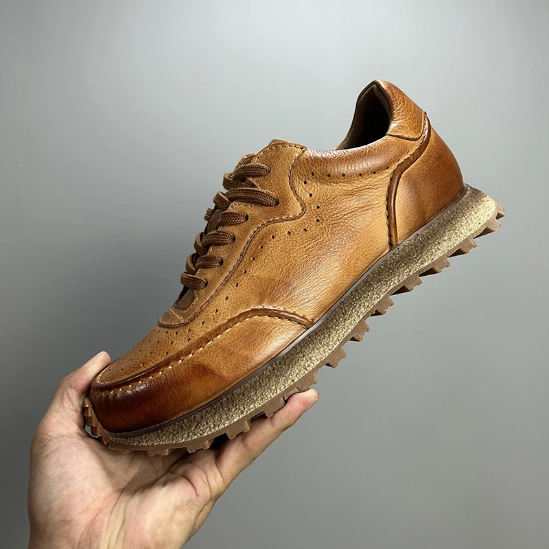 欧洲站老爹鞋男真皮复古透气男鞋百搭潮流皮鞋休闲鞋头层牛皮潮鞋