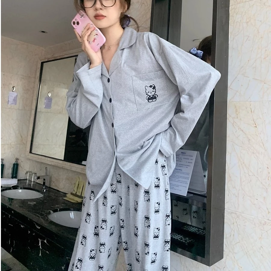 睡衣女春秋新款loppy长袖KT猫可外穿家居服冬季开衫睡衣两件套装