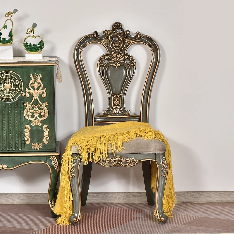 美式乡村全实木餐椅桦木双面雕花凳子炭灰色家用靠背椅轻奢复古风