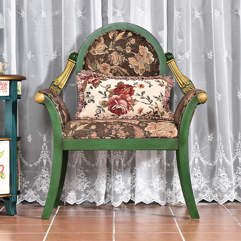 美式乡村单人沙发椅实木客厅复古绿靠背做旧布艺沙发会所家用桌椅